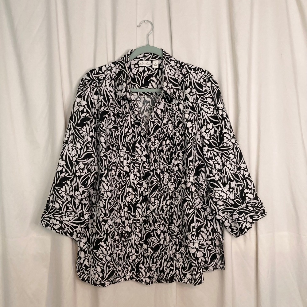 100% Linen Blouse Black White Floral Pintuck Button Down Kim Rogers Woman 1X